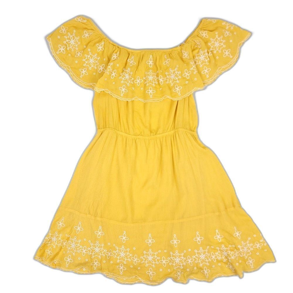 LULUS Layla Yellow Ruffle Embroidered Skater Dress Off Shoulder Boho Mini Medium